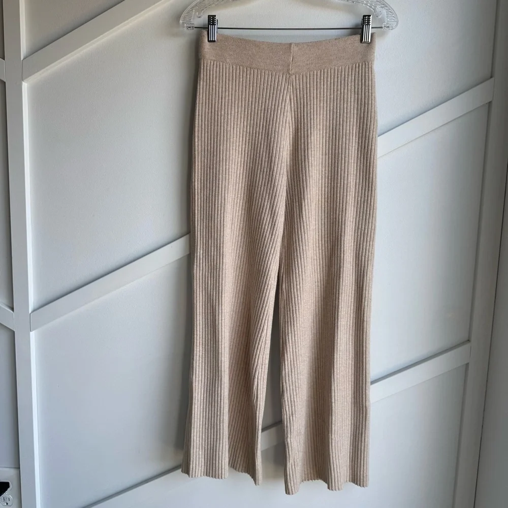 Shein High Waist Flare Leg Khaki Knit Pants Beige Ribbed size S - Picture 5 of 10